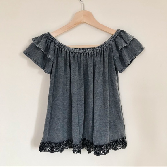 🌸 Harlow grey Boho off the shoulder top with lace detail - Picture 1 of 5